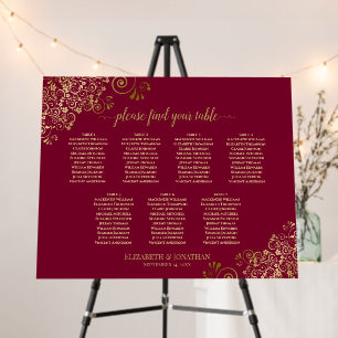 7 Table Burgundy Maroon & Gold Lace Seating Chart Foam Board