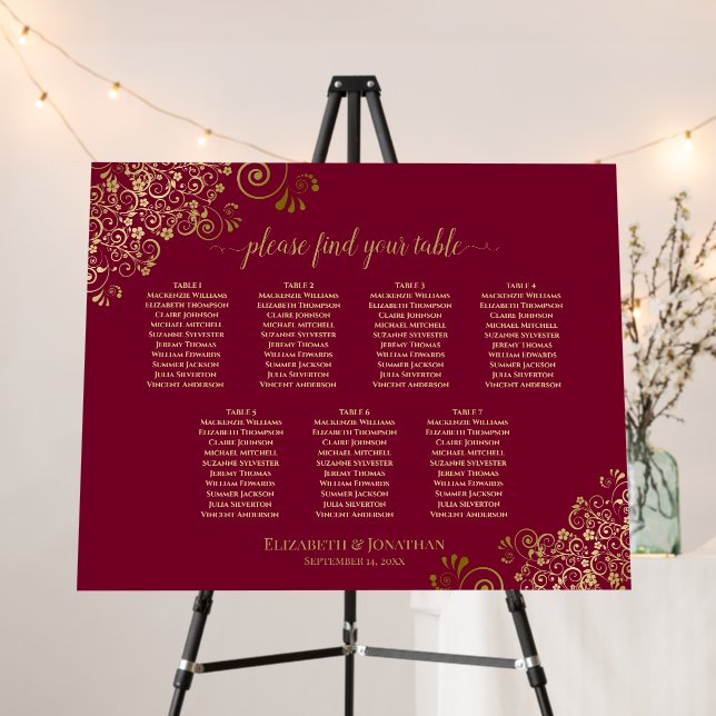 7 Table Burgundy Maroon & Gold Lace Seating Chart Foam Board (In Situ (Stand))