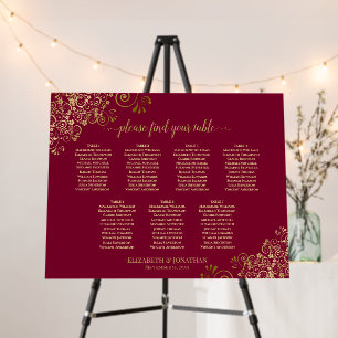 7 Table Burgundy Maroon & Gold Lace Seating Chart Foam Board