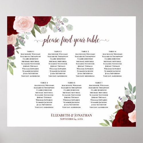 7 Table Burgundy Red  Blush Roses Seating Chart