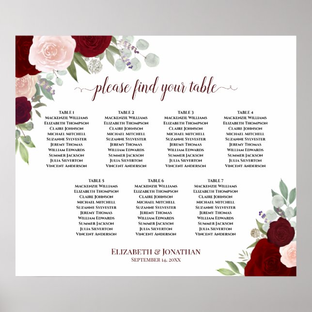 7 Table Burgundy Red & Blush Roses Seating Chart (Front)