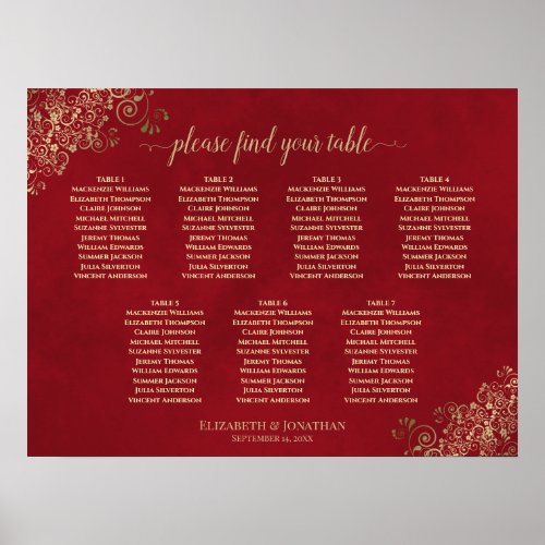 7 Table Crimson Red  Gold Wedding Seating Chart