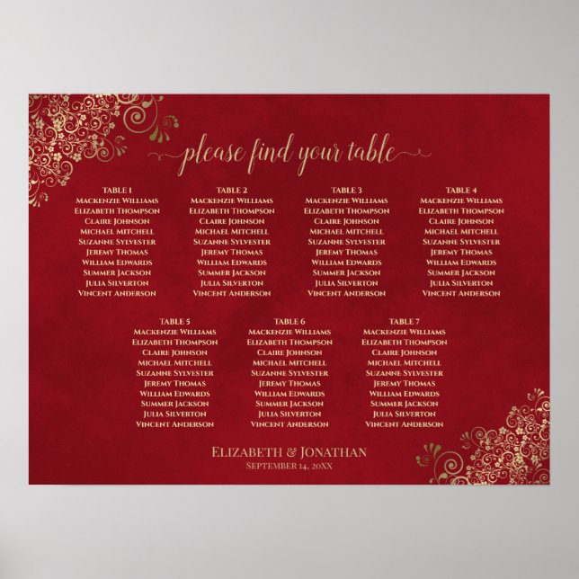 7 Table Crimson Red & Gold Wedding Seating Chart (Front)