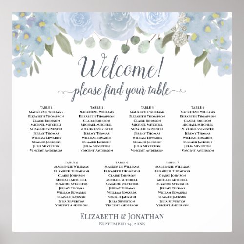 7 Table Dusty Blue Boho Chic Roses Seating Chart