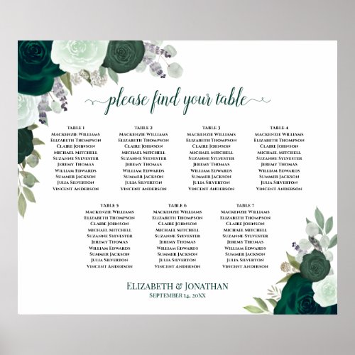 7 Table Emerald Green Floral Wedding Seating Chart