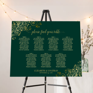 7 table Emerald Green & Gold Wedding Seating Chart Foam Board
