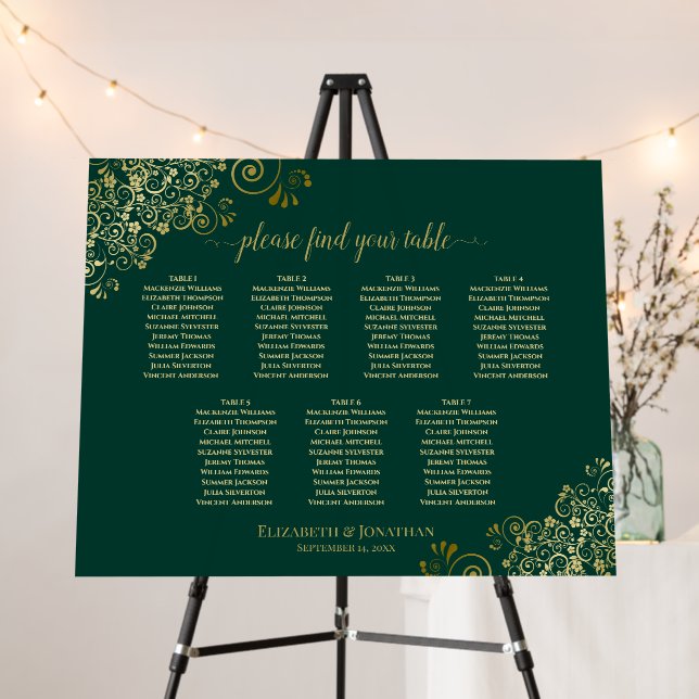 7 table Emerald Green & Gold Wedding Seating Chart Foam Board (In Situ (Stand))