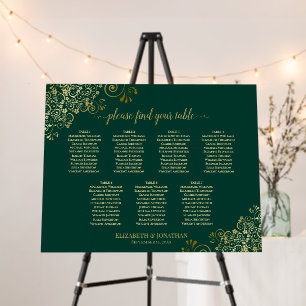 7 table Emerald Green & Gold Wedding Seating Chart Foam Board
