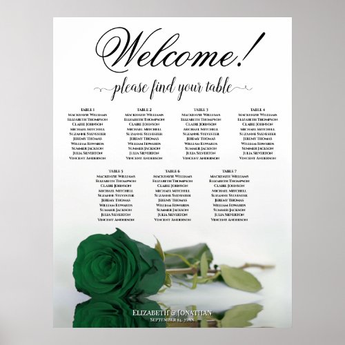 7 Table Emerald Green Rose Wedding Seating Chart