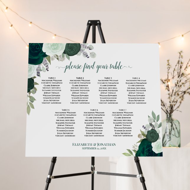 7 Table Emerald Green Roses Wedding Seating Chart Foam Board (In Situ (Stand))