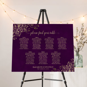 7 table Gold Curls on Plum Wedding Seating Chart Foam Board
