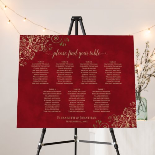 7 Table Gold Lace on Red Wedding Seating Chart Foam Board