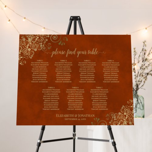 7 Table Gold on Rust Orange Wedding Seating Chart Foam Board