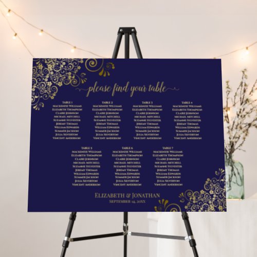 7 table Golden Lace on Navy Wedding Seating Chart Foam Board
