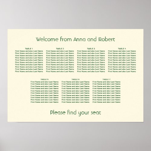 7 Table Ivory Cream Dark Green Seating Chart