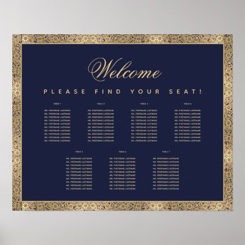 7 Table Navy Blue Gold Roses Script Seating Chart