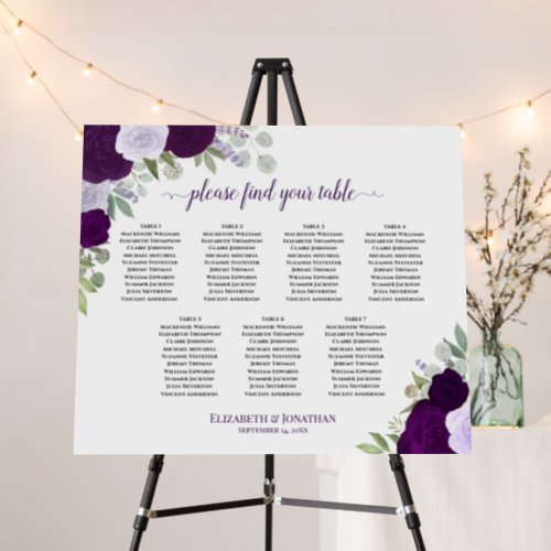 7 Table Purple Boho Roses Wedding Seating Chart Foam Board