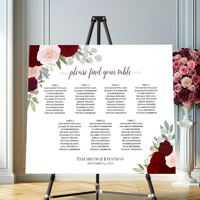 7 Table Red & Pink Floral Wedding Seating Chart Foam Board (On Stand)
