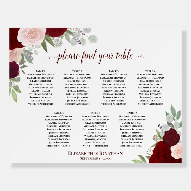 7 Table Red & Pink Floral Wedding Seating Chart Foam Board (Front)