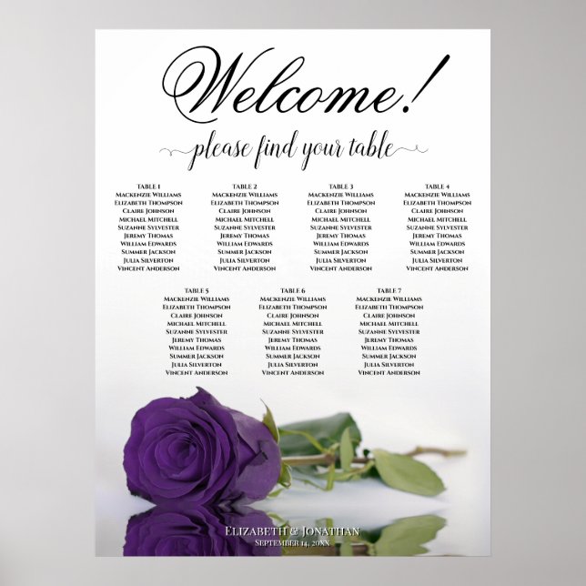 7 Table Royal Purple Rose Wedding Seating Chart (Front)