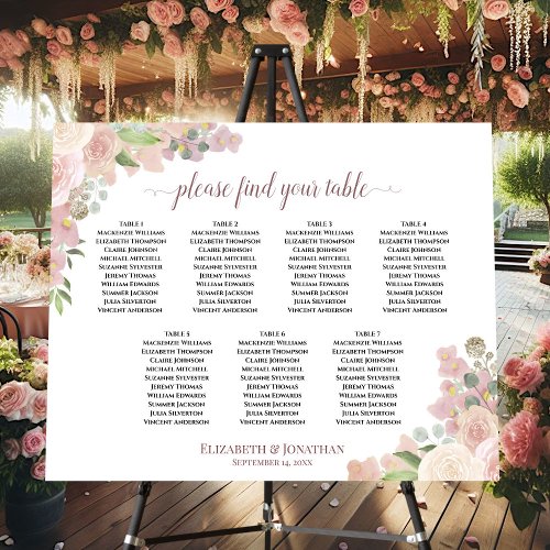 7 Table Rustic Pink Floral Wedding Seating Chart Foam Board