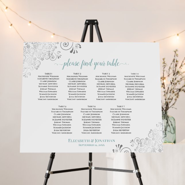 7 Table Silver Frills Teal & White Seating Chart Foam Board (In Situ (Stand))