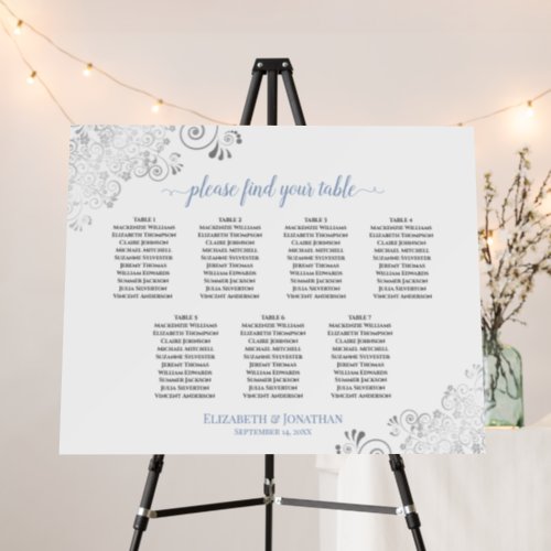 7 Table Silver Lace Blue  White Seating Chart Foam Board