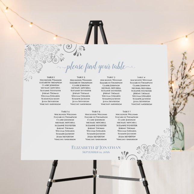 7 Table Silver Lace Blue & White Seating Chart Foam Board (In Situ (Stand))