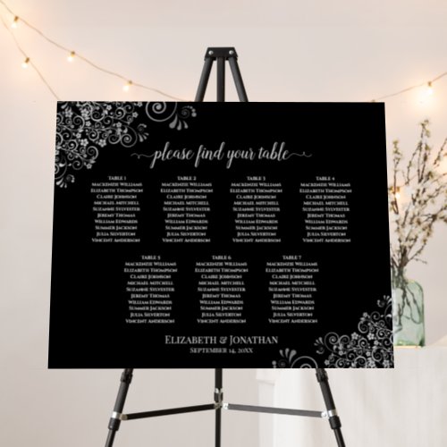7 Table Silver Lace on Black Wedding Seating Chart Foam Board