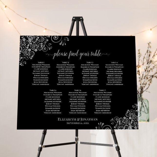 7 Table Silver Lace on Black Wedding Seating Chart Foam Board (In Situ (Stand))