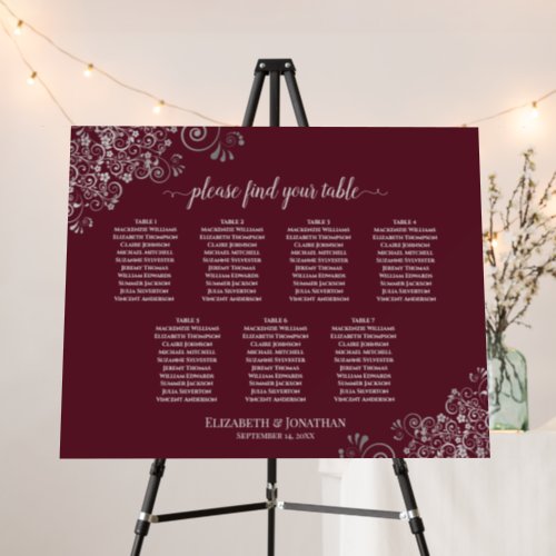 7 Table Silver Lace on Burgundy Seating Chart Foam Board