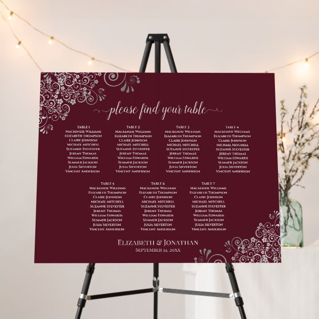 7 Table Silver Lace on Burgundy Seating Chart Foam Board (In Situ (Stand))