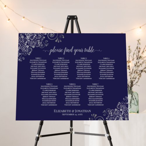 7 Table Silver Lace on Navy Blue Seating Chart Foam Board