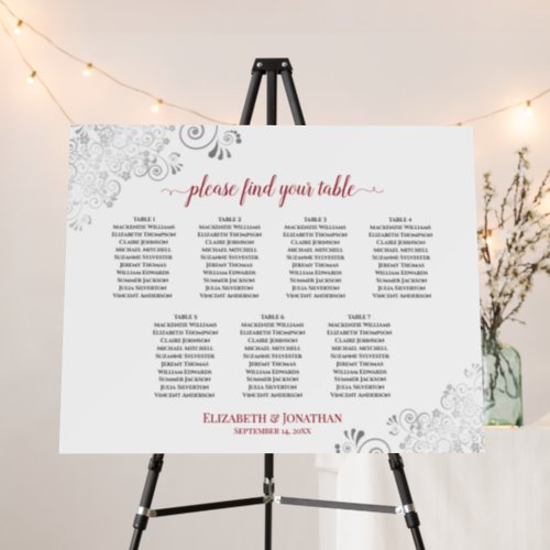7 Table Silver Lace  Red on White Seating Chart Foam Board