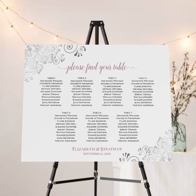 7 Table Silver Lace Rose & White Seating Chart Foam Board (In Situ (Stand))