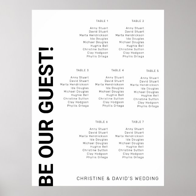 7 table Simple White Wedding seating chart (Front)