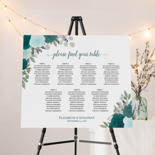 7 Table Teal Boho Roses Wedding Seating Chart Foam Board