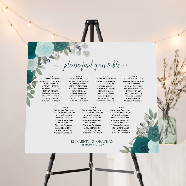 7 Table Teal Boho Roses Wedding Seating Chart Foam Board (In Situ (Stand))