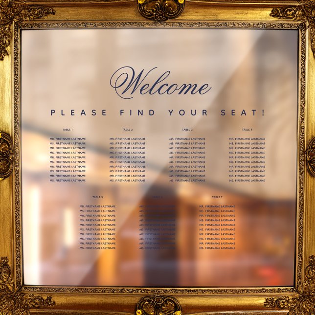 7 Table Transparent Seating Chart Navy Blue Script Window Cling (Creator Uploaded)