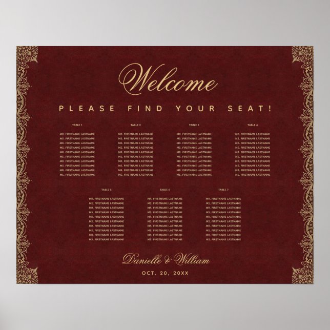 7 Table Vintage Burgundy Gold Script Seating Chart (Front)