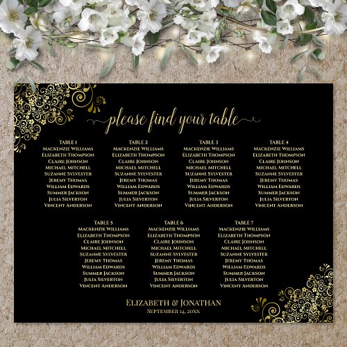 7 Table Wedding Seating Chart Gold Frills on Black