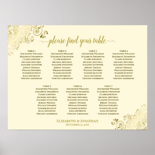 7 Table Wedding Seating Chart Gold Frills on Cream