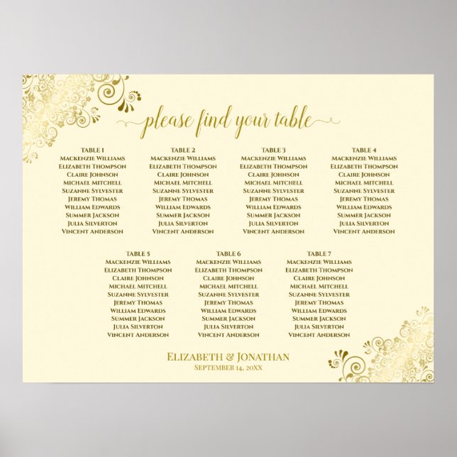 7 Table Wedding Seating Chart Gold Frills on Cream (Front)