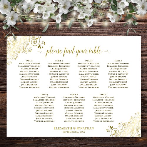 7 Table Wedding Seating Chart Gold Frills on White