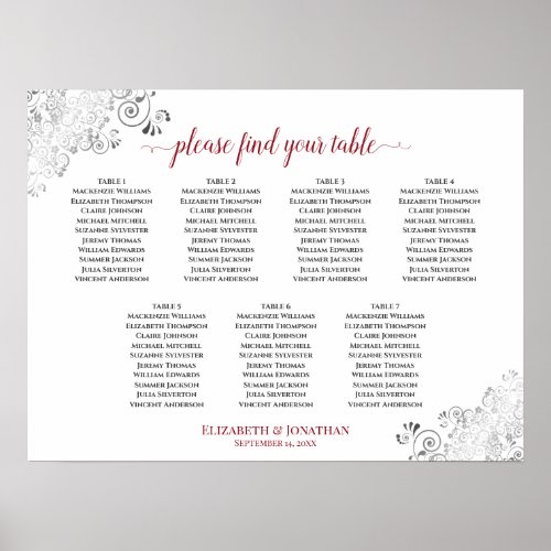 7 Table White  Red Frilly Wedding Seating Chart