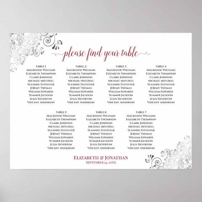 7 Table White & Red Frilly Wedding Seating Chart (Front)