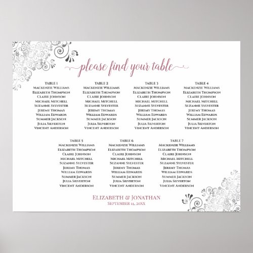 7 Table White  Rose Frilly Wedding Seating Chart