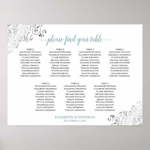 7 Table White  Teal Frilly Wedding Seating Chart
