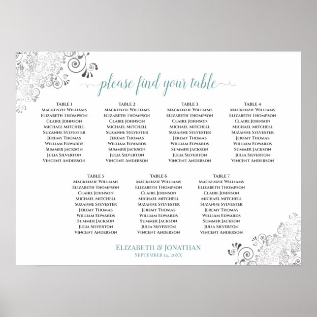 7 Table White & Teal Frilly Wedding Seating Chart (Front)