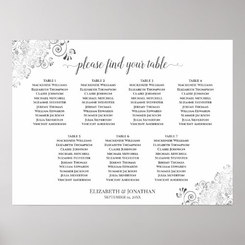 7 Table White Wedding Seating Chart Silver Frills